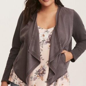 TORRID Grey Knit to Woven Drape Open Front Jacket Womens Size 2 or 2X NWT